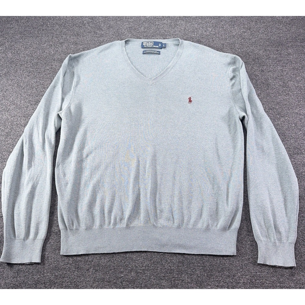 Polo Ralph Lauren Blue Gray Seafoam V-Neck Sweater Pima Cotton Logo Men's Large